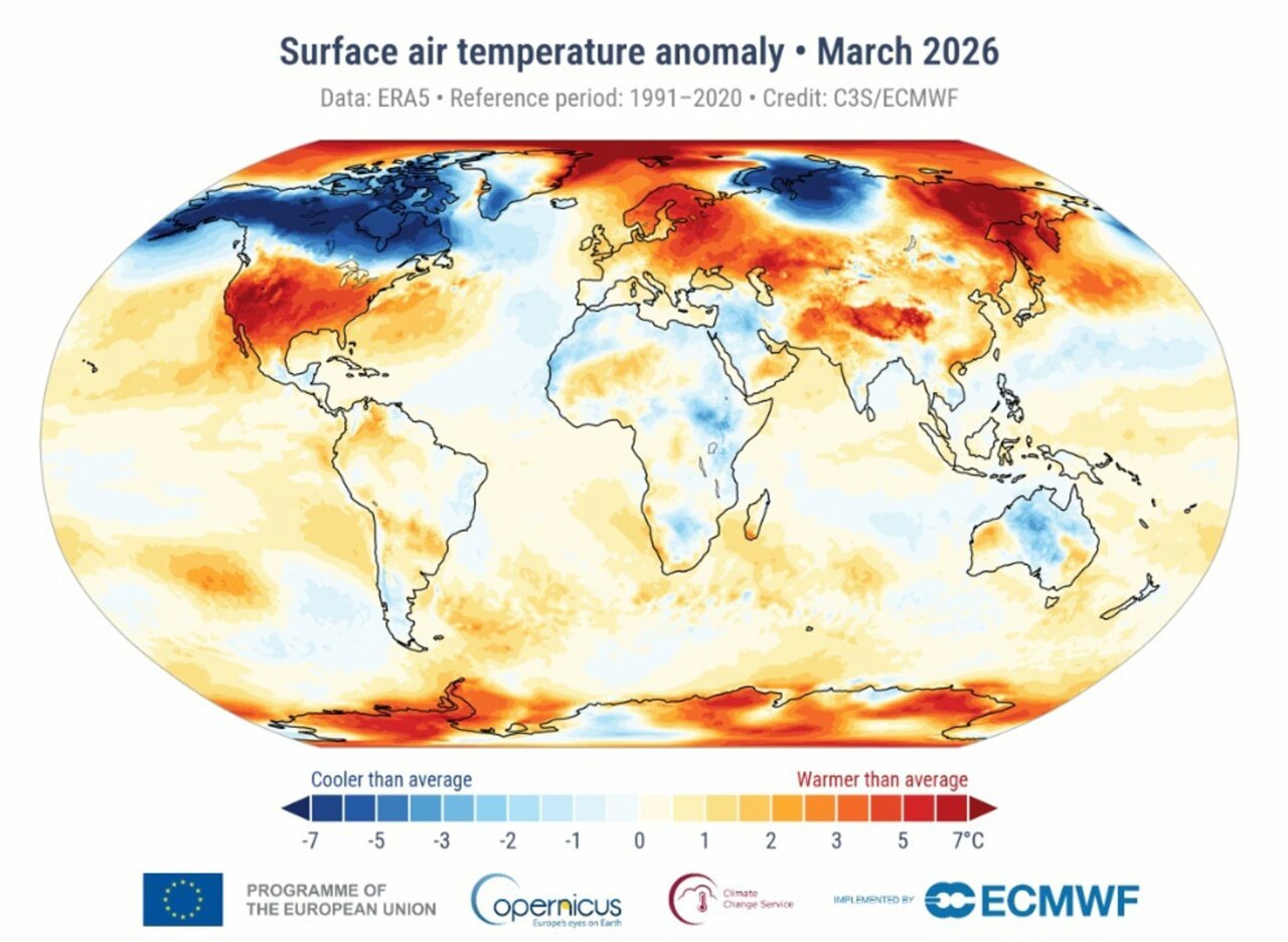 Anomal&iacute;a de la temperatura del aire en superficie en marzo de 2026 con respecto a la media de marzo para el periodo 1991-2020.