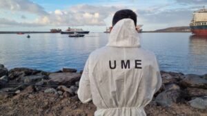 Imagen de personal de la UME en el Puerto de Granadilla con el MV Hondius al fondo. (Foto: Protecci&oacute;n Civil)
