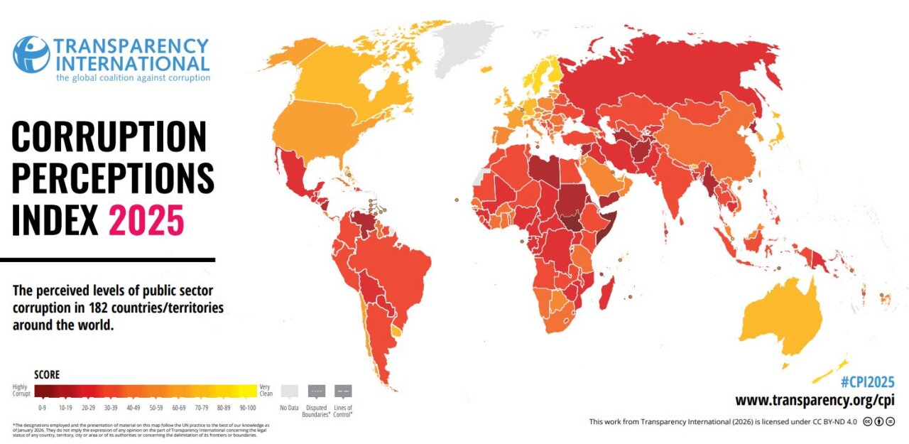 Mapa mundial del &iacute;ndice de percepci&oacute;n de la corrupci&oacute;n 2025