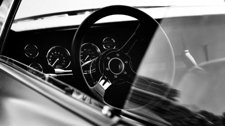 Interior de un coche con volante y tablero de instrumentos visible