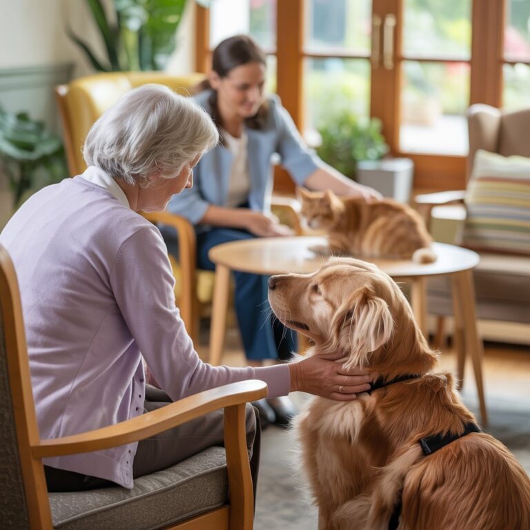 Mujer mayor interactuando con un perro en un entorno residencial